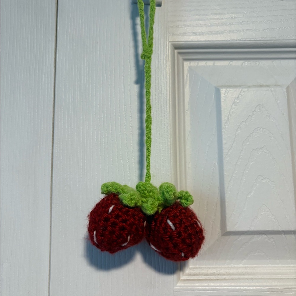 Handmade Crochet Strawberry Rear View Mirror Ornament